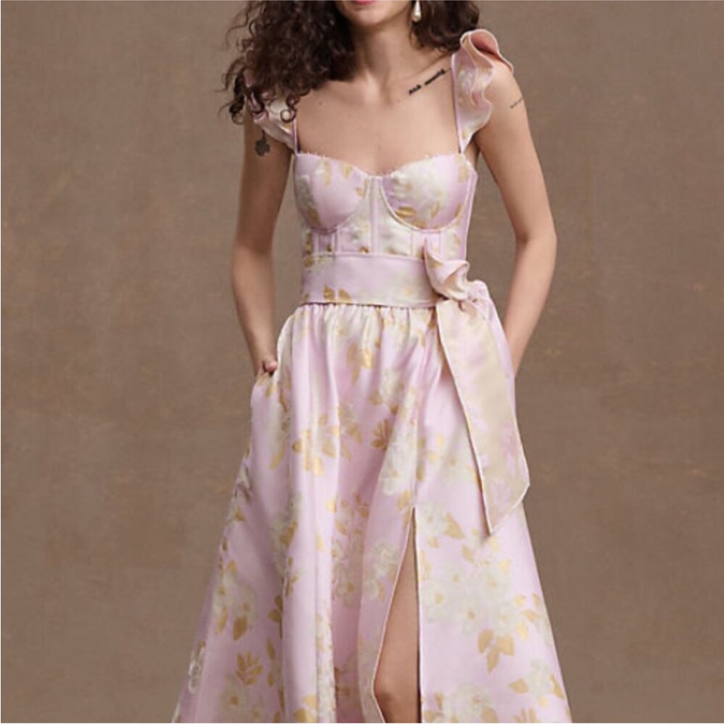 V. Chapman Blush And Gold Floral Midi Dress 10